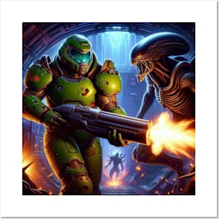 Doom Guy vs Xenomorphs Posters and Art